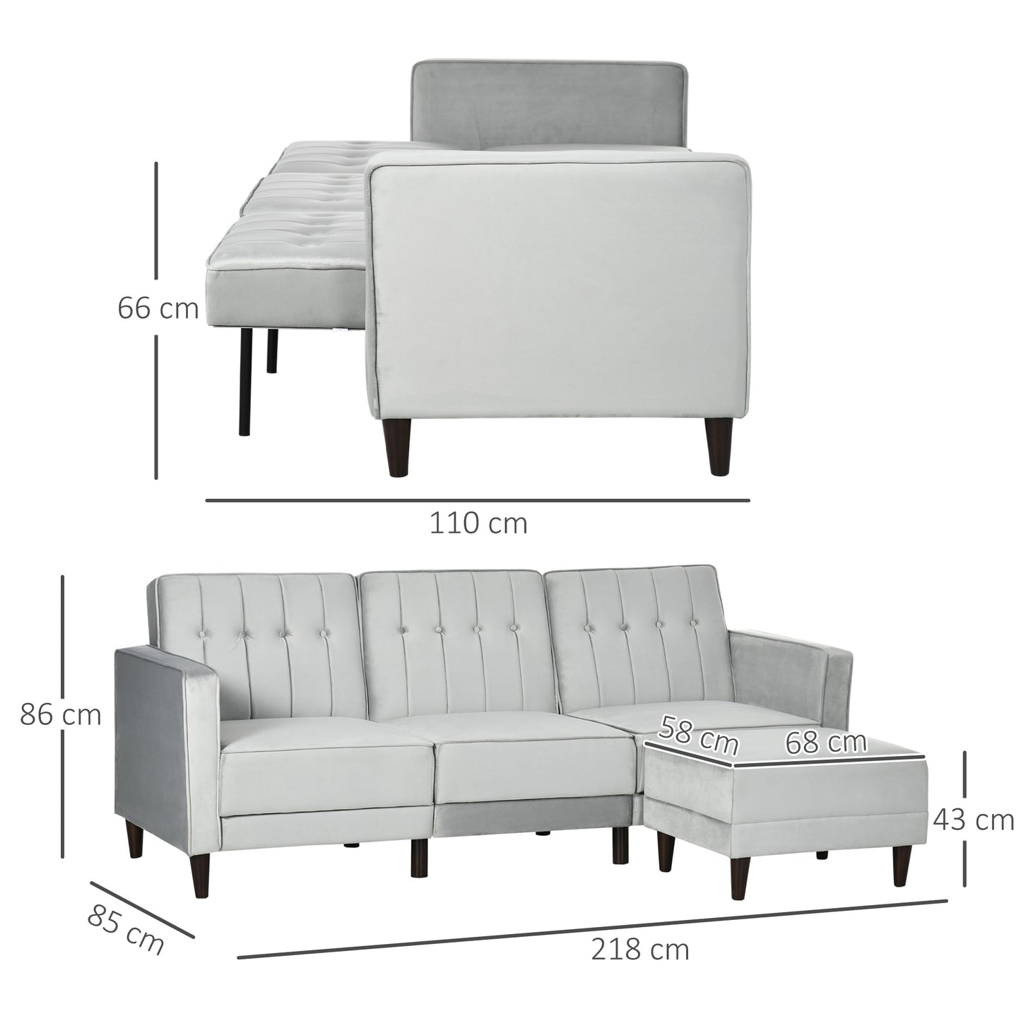 HOMCOM L Shape Sofabed with 3-Seater Sofa and Footstool, Corner Sofa Bed with Ottoman, Light Grey Velvet Fabric