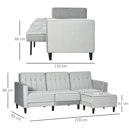 HOMCOM L Shape Sofabed with 3-Seater Sofa and Footstool, Corner Sofa Bed with Ottoman, Light Grey Velvet Fabric