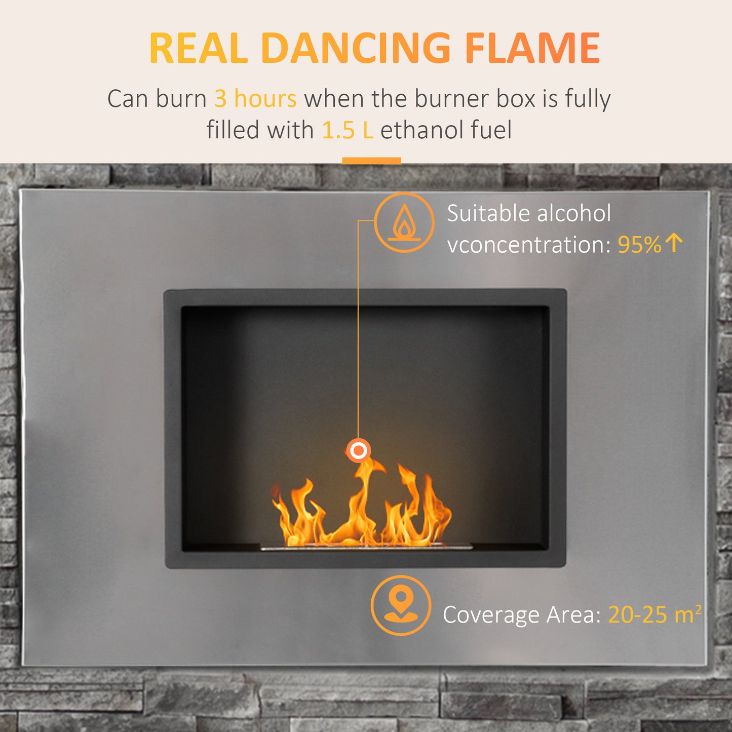 HOMCOM all Mounted Ethanol Fireplace, Stainless Steel Bioethanol Heater Stove Fire with 1.5L Tank, 3 Hour Burning Time, Silver