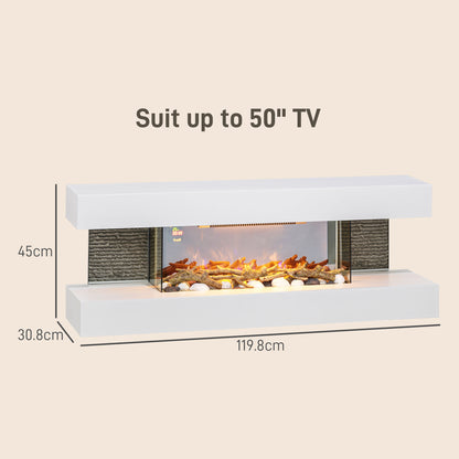 HOMCOM 7inch / 120cm Electric Fireplace Wall Mounted, Freestanding, Glass Electric Fire Suite with Mantel, Adjustable LED Flame Effect, Log, Pebble, Remote Control, 2000W, White