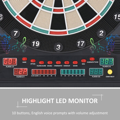 HOMCOM lectronic Dartboard Set, 27 Games Modes and 202 Variations, LED & 12 Soft Tip Darts and Cabinet to Storage, Ready-to-Play Multi-Game Option Darts Machine