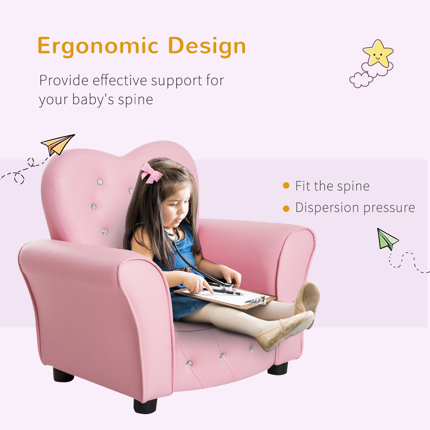 HOMCOM ids Armchair Toddler Chair Seating Relax Playroom Seater Girl Princess Pink