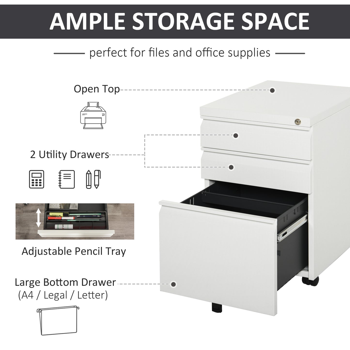 Vinsetto 3 Drawer Filling Cabinet, Mobile Metal File Cabinet with Anti-tilt Design for Letter, A4, Legal Size, White