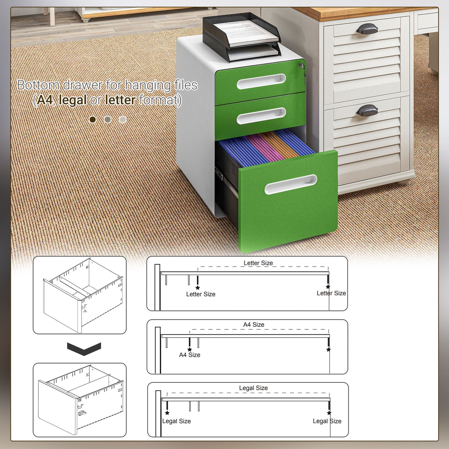 Vinsetto 3 Drawer Filing Cabinet, Steel Lockable File Cabinet with Lock and Wheels, for A4, Letter, Legal Sized Files, Green