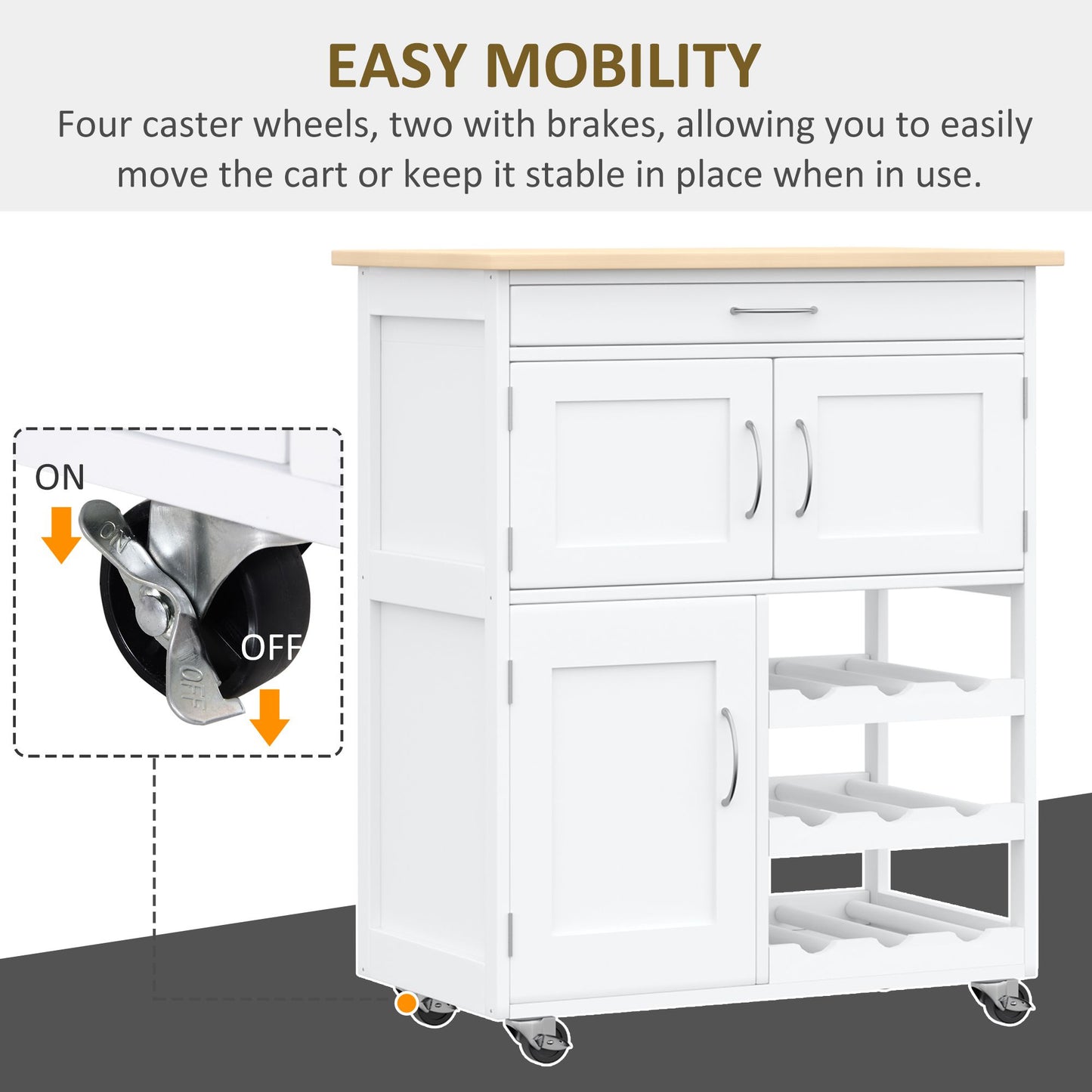 HOMCOM odern Kitchen Trolley, Rolling Island Storage Cart with Drawer, 9-bottle Wine Rack, Door Cabinets, Wooden Countertop, White