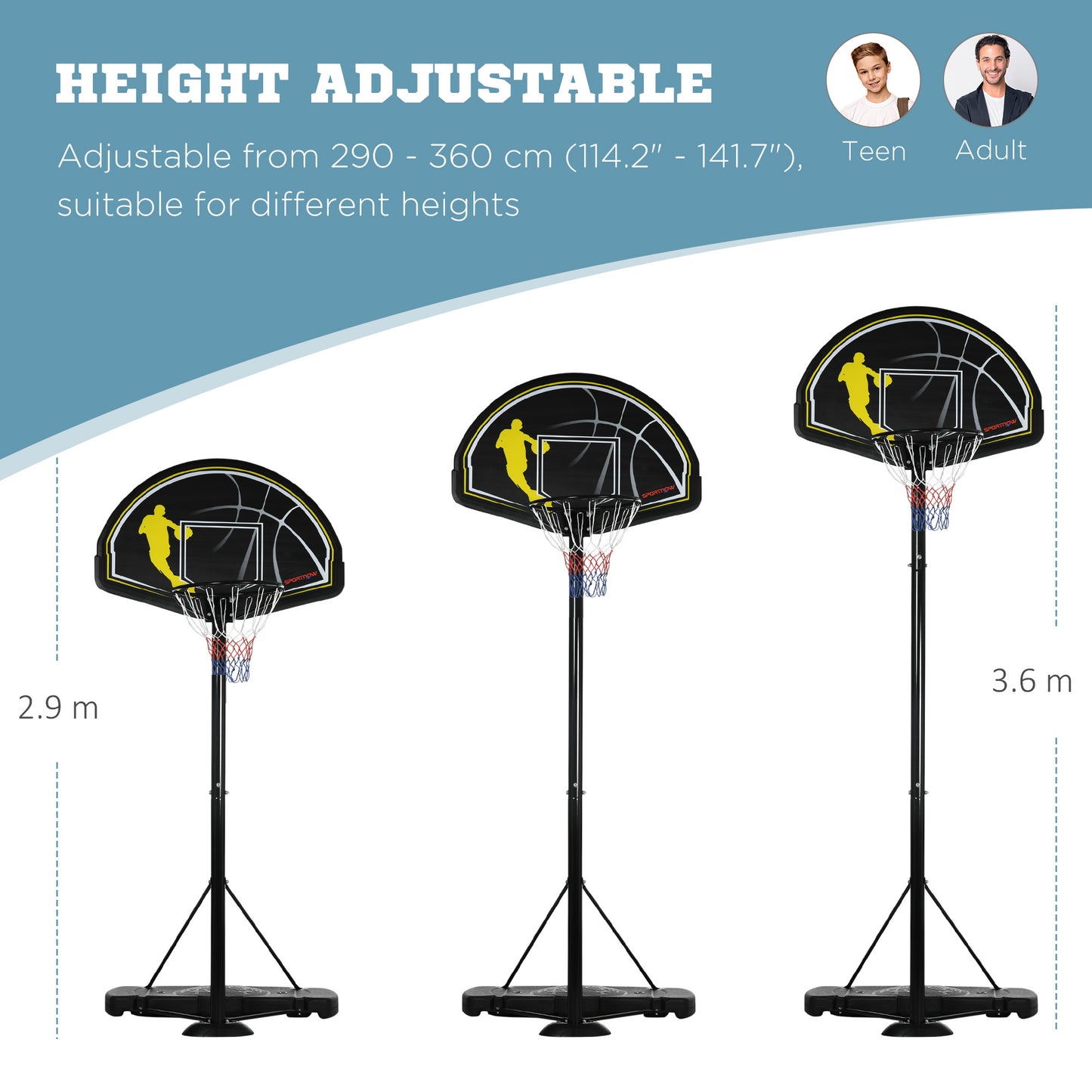 SPORTNOW 2.3-3m Basketball Hoop and Stand with High Strength PE Backboard and Weighted Base, Portable on Wheels