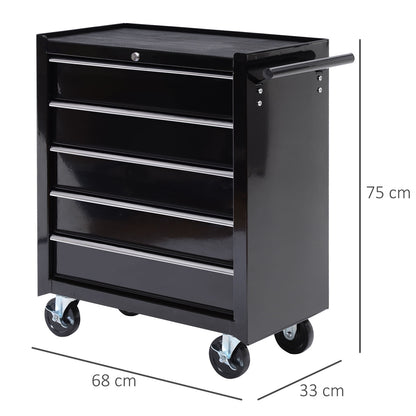 HOMCOM -Drawer Tool Chest with Wheels, Steel Lockable Tool Storage Cabinet with Handle, 2 Keys for Garage, Workshop, Black