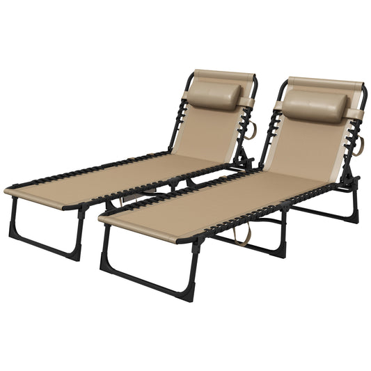 Outsunny Portable Sun Lounger Set of 2, Folding Camping Bed Cot, Reclining Lounge Chair 5-position Adjustable Backrest with Side Pocket, Pillow for Patio Garden Beach Pool, Beige