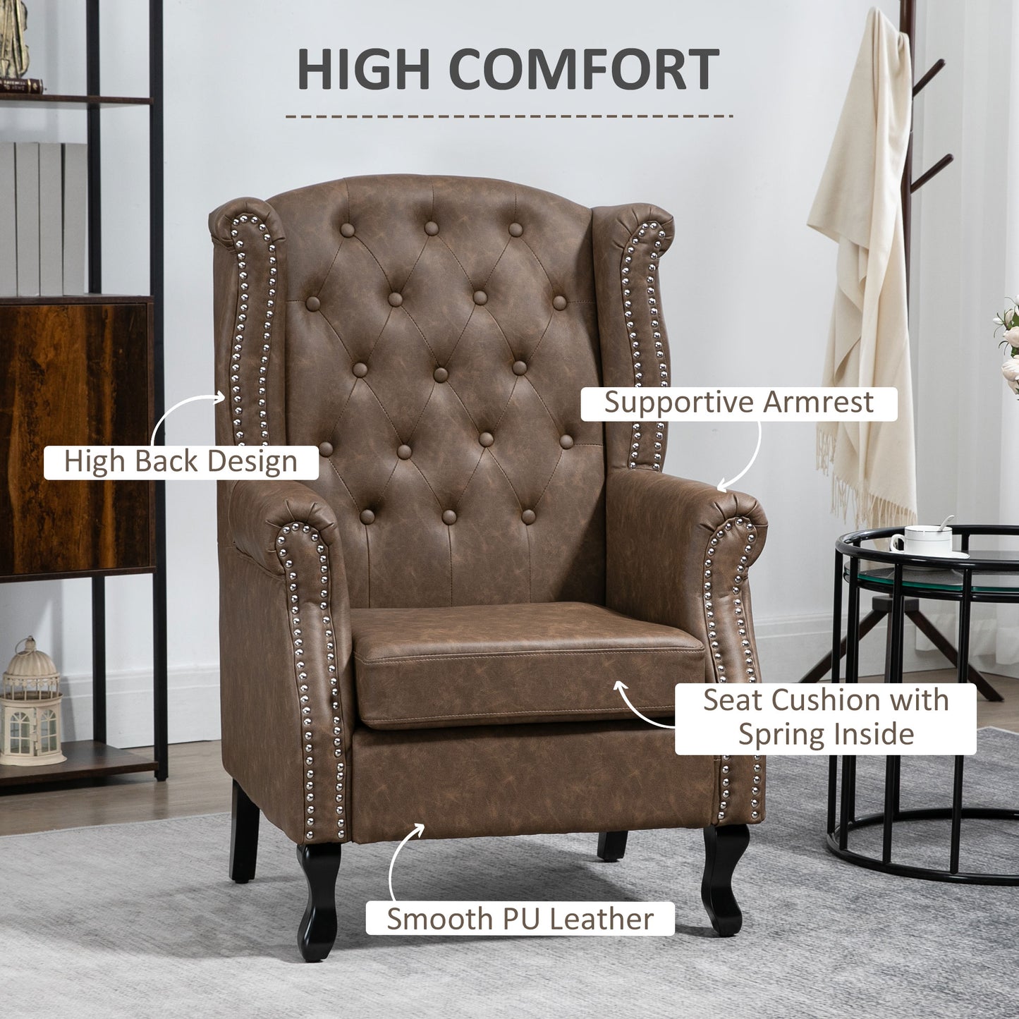 HOMCOM ingback Accent Chair Tufted Chesterfield-style Armchair with Nail Head Trim for Living Room Bedroom Brown