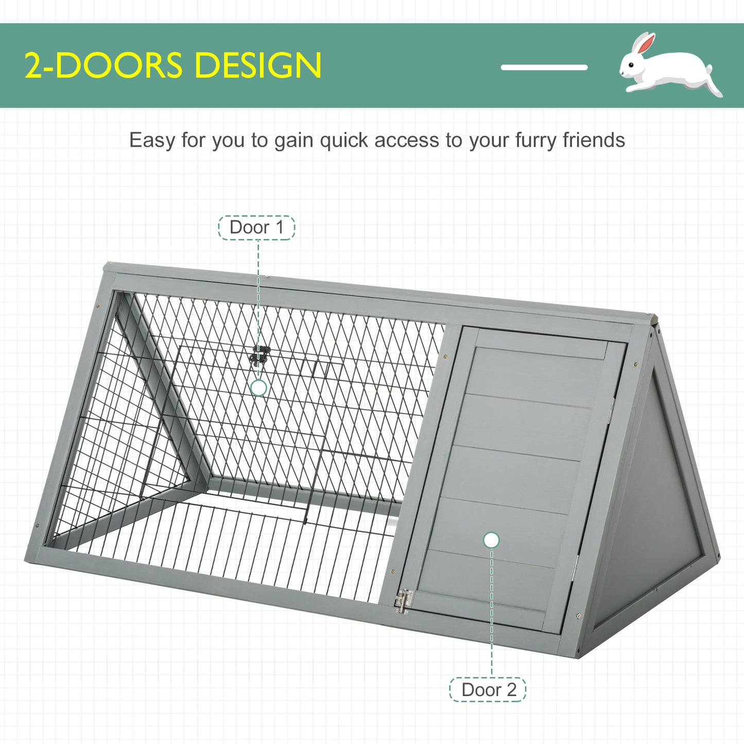 PawHut Wooden Rabbit Hutch Triangle Bunny Ferret Cage Guinea Pig Run Small Animal Hutch Grey 116 x 62.2 x 52.5 cm