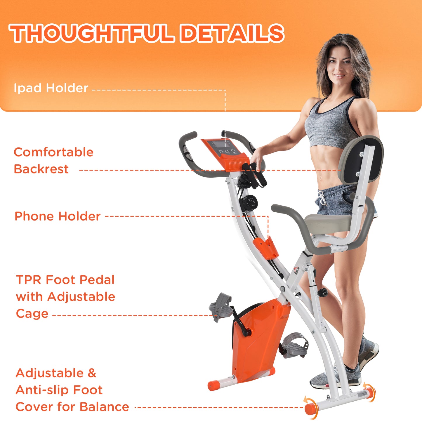 HOMCOM -in-1 Folding Exercise Bike with 8-Level Magnetic Resistance, Arm Resistance Band, Pulse Sensor, Orange