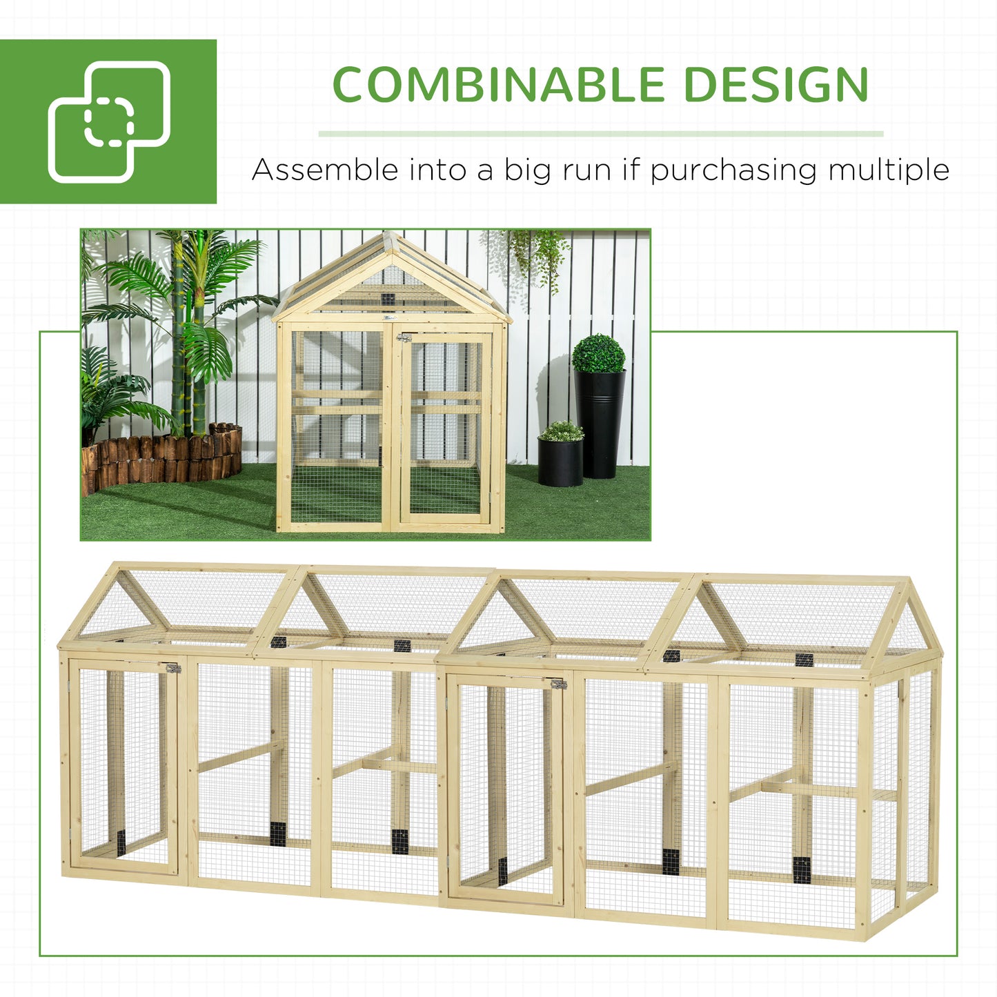 PawHut Large Chicken Run, Wooden Chicken coop, with Combinable Design - Natural Wood Finish