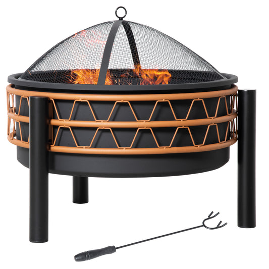 Outsunny 61cm Outdoor Fire Pit, Metal Round Firepit Bowl, Charcoal Log Wood Burner with Screen Cover, Poker for Patio, Black