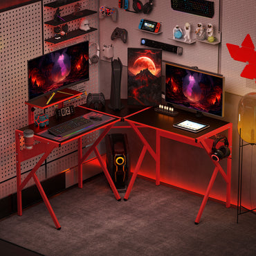 HOMCOM aming Desk L-Shaped Corner Computer Table for Home Office PC Workstations with Adjustable Monitor Stand Cup Holder Headphone Hook 125x125x75cm, Red