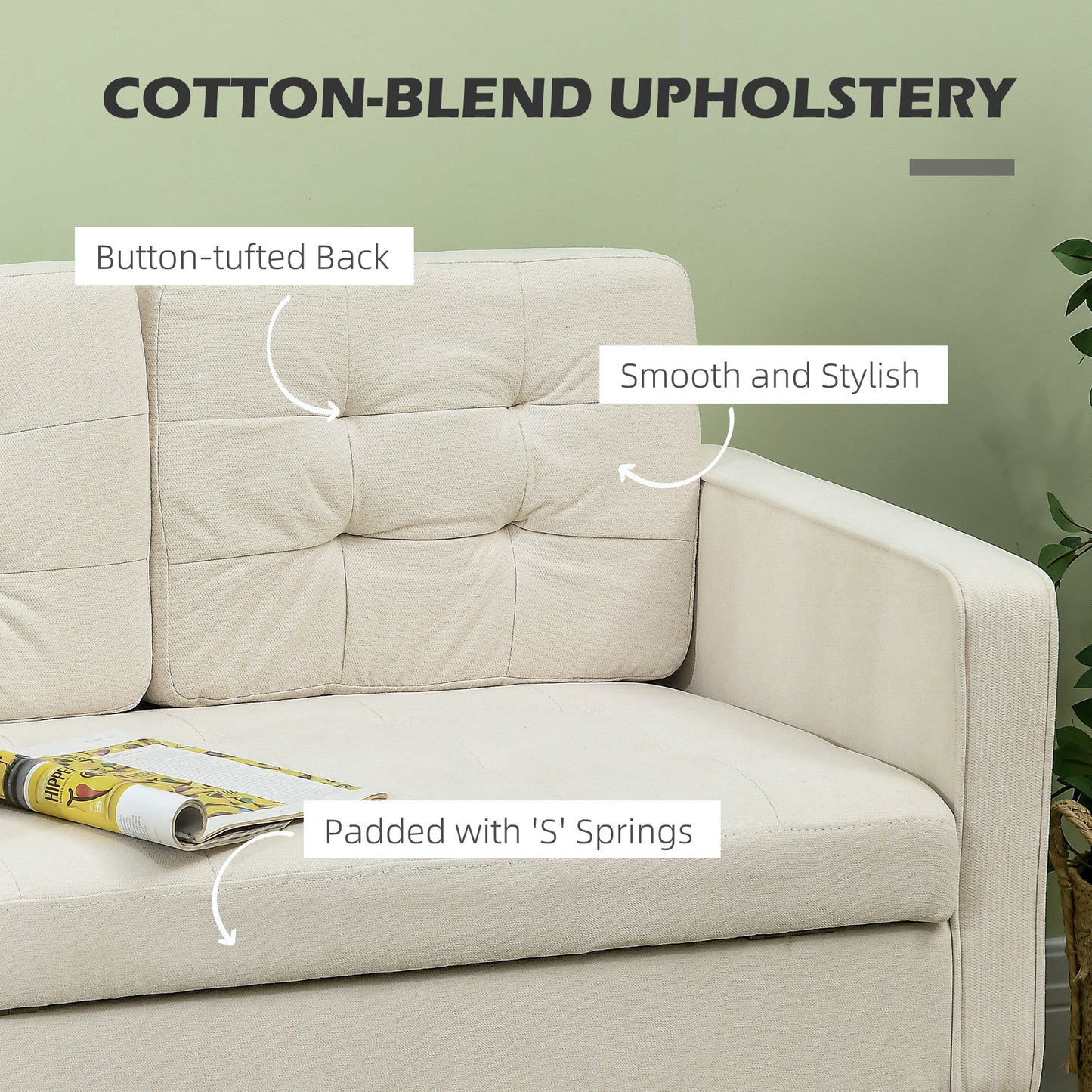 HOMCOM odern Loveseat Sofa, Compact 2 Seater Sofa with Hidden Storage, 117cm Tufted Cotton Couch with Wood Legs, Cream White