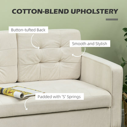 HOMCOM odern Loveseat Sofa, Compact 2 Seater Sofa with Hidden Storage, 117cm Tufted Cotton Couch with Wood Legs, Cream White