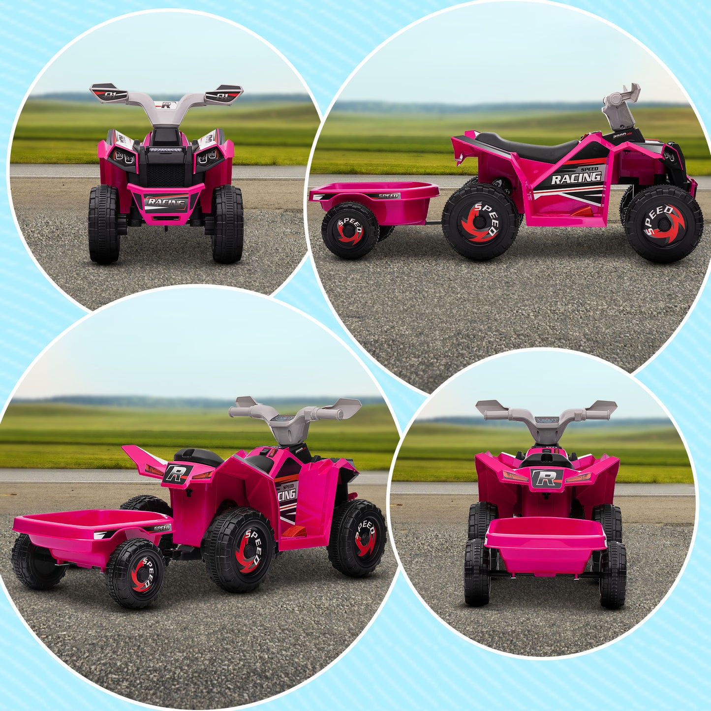 HOMCOM V Quad Bike with Back Trailer, Wear-Resistant Wheels, for Ages 18-36 Months, Pink