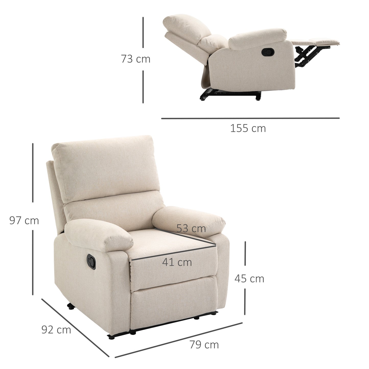 HOMCOM ingle Sofa Chair Double-Padded Manual Recliner Armchair w/Footrest Metal Frame Adjustable Home Seat Bedroom Living Room TV Gaming Beige