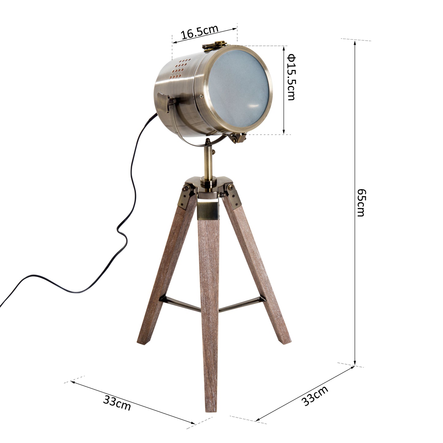 HOMCOM intage Tripod Table Desk Lamp Bedside Light Spotlight Brass Antique Searchlight Wooden Base