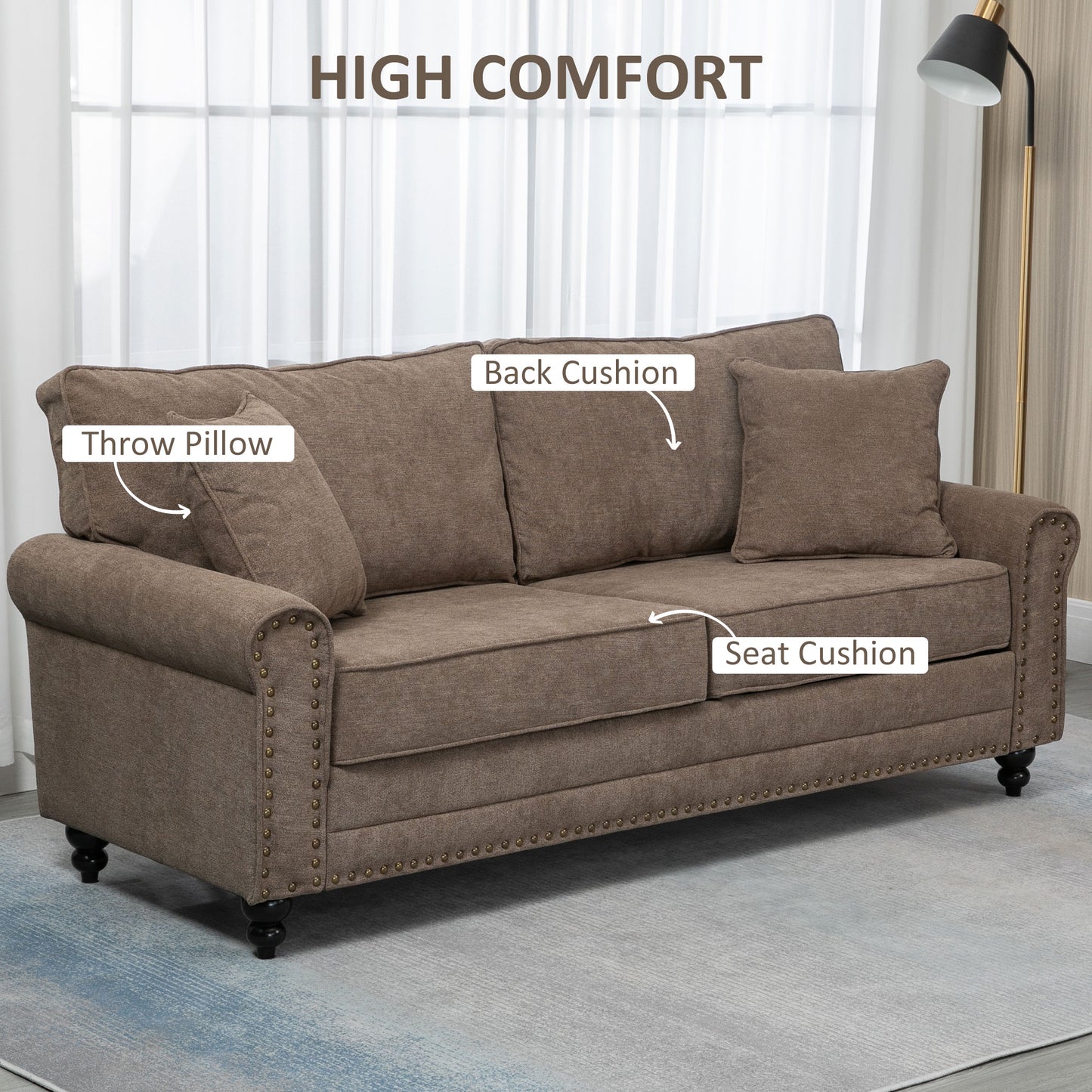 HOMCOM 3 Seater Sofa for Living Room, Fabric Sofa with Nailhead Trim, Cushions and Pillows, Brown