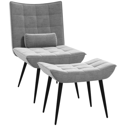 HOMCOM pholstered Accent Chair with Footstool Set, Modern Tufted Armless Chair with Steel Legs for Living Room, Bedroom, Home Study, Grey