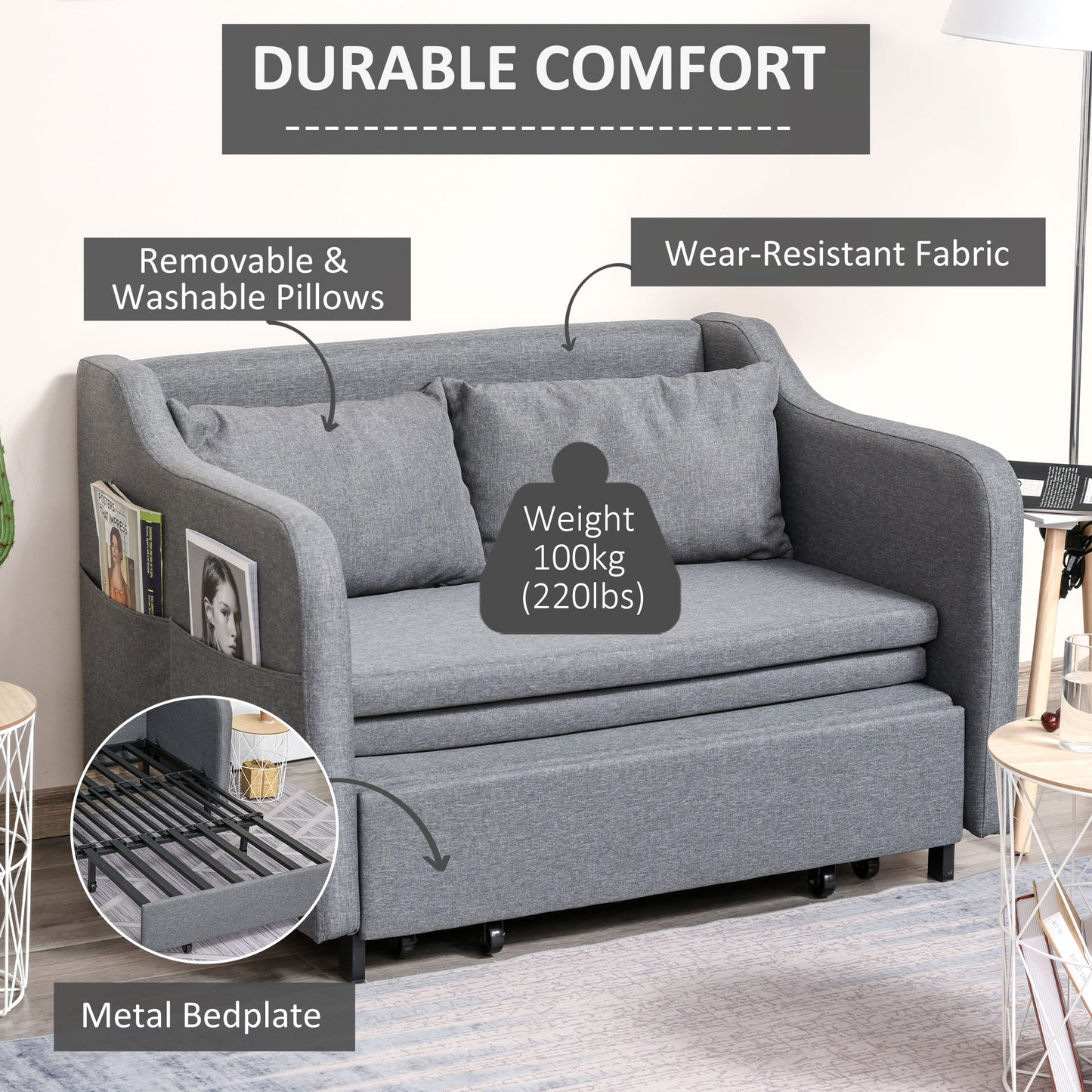 HOMCOM 2 Seater Sofabed, Pull Out Sofa Bed with Pillows and Side Pockets, Convertible Sleeper Couch for Living Room, Grey Fabric