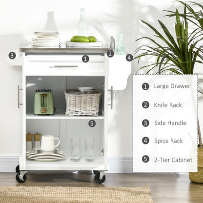 HOMCOM ooden Kitchen Island on Wheels, Serving Cart Storage Trolley with Stainless Steel Top, Drawer, Side Handle and Rack, White