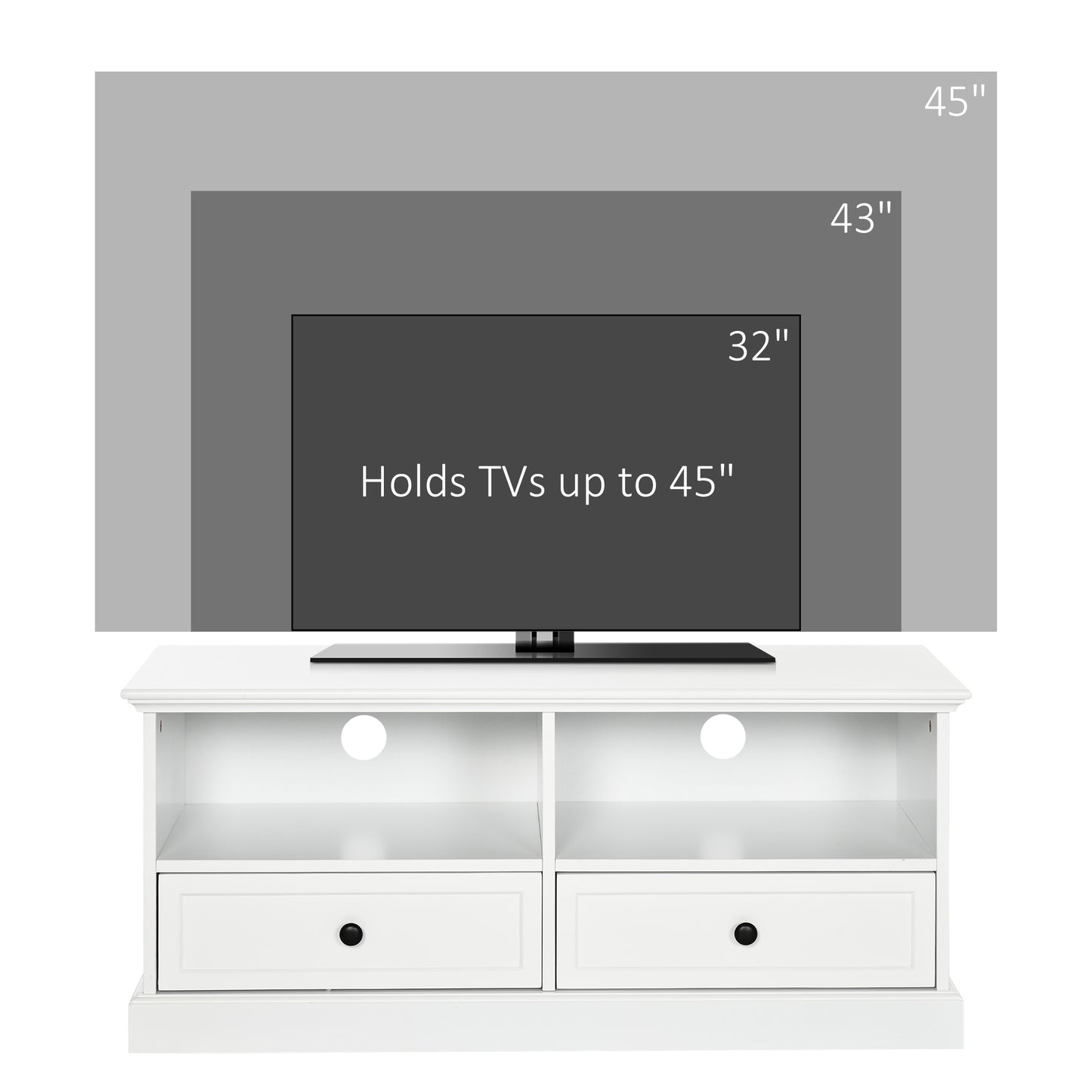 HOMCOM odern TV Unit Cabinet for TVs up to 45 Inches, TV Stand with Drawers, Open Shelves, Cable Holes for Living Room, White