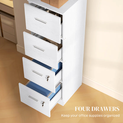 HOMCOM our-Drawer Lockable Filing Cabinet - White Wood Effect