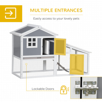 PawHut Two-Tier Rabbit Hutch, with Sunlight Panel Roof, Slide-Out Tray - Grey