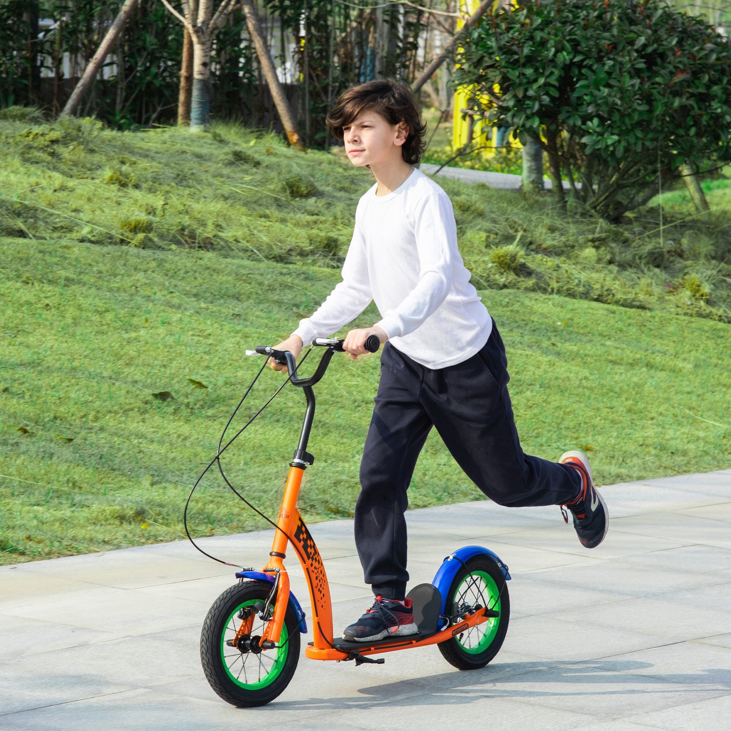 HOMCOM ids Kick Scooter, Push Scooter, Adjustable Height, Front Rear Dual Brakes, 12-Inch Inflatable Rubber Wheels, for 5+ Years, Orange