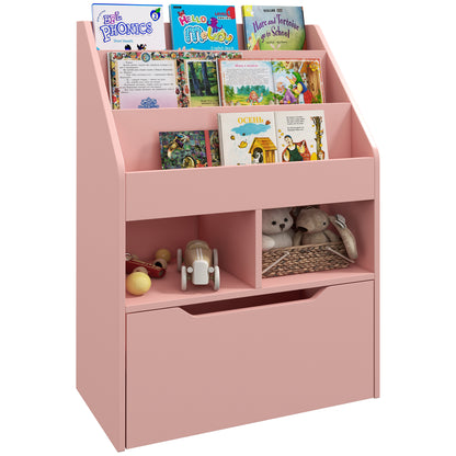 HOMCOM Kids Bookshelf, Toy Organiser, with Storage Drawer, Wheels - Pink