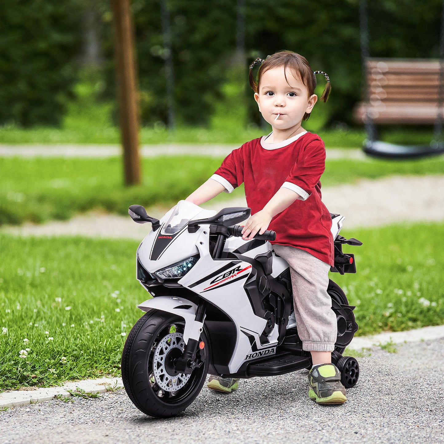 HOMCOM V Honda Licensed Kids Motorcycle w/ Music, Training Wheels - White