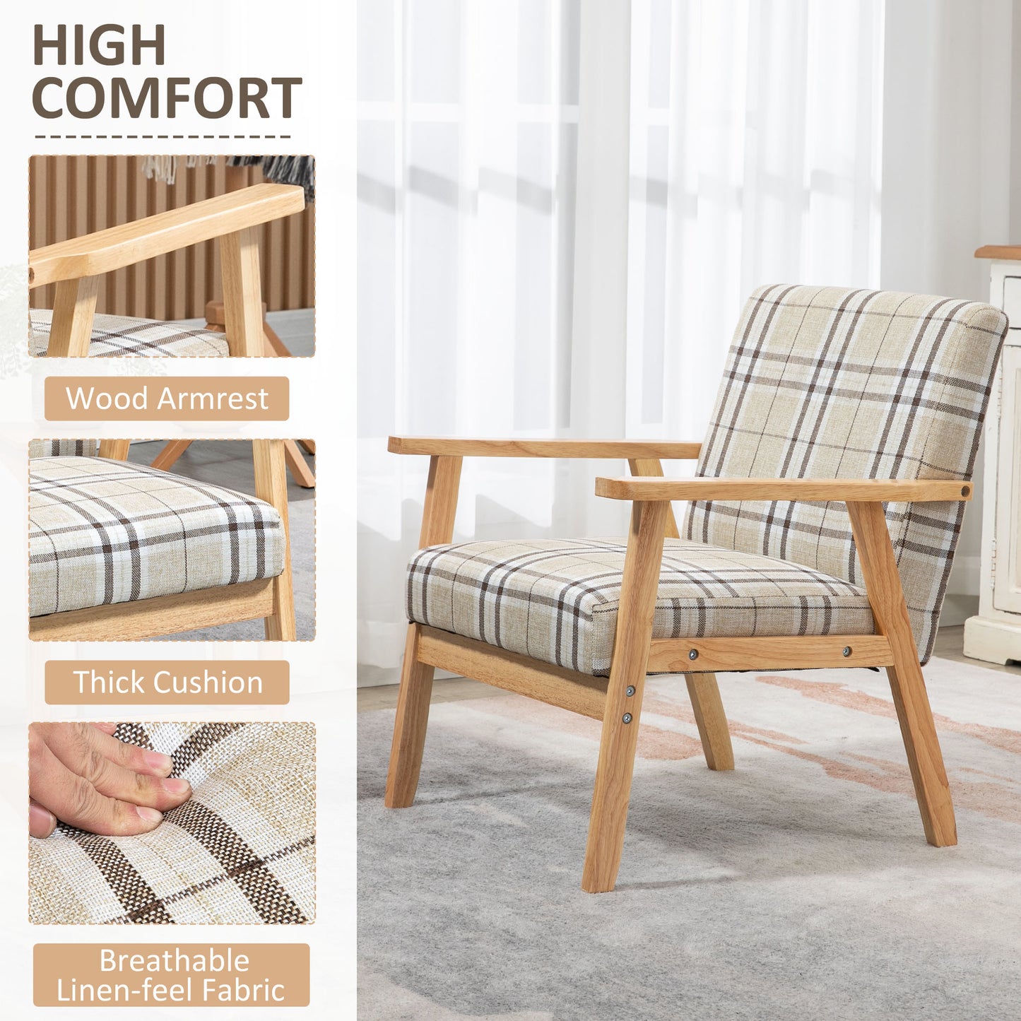 HOMCOM odern One Seater Sofa for Living Room, Linen Fabric Small Couch with Rubber Wood Frame, Armrests, Lattice Pattern, Upholstered Armchair, Beige