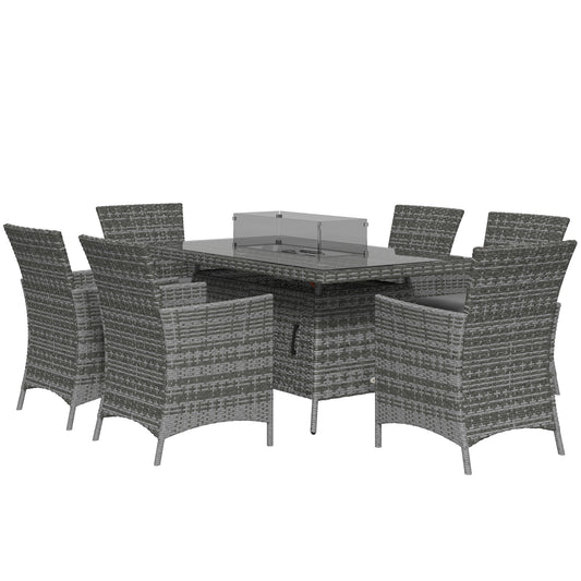 Outsunny 7 Pieces Outdoor PE Rattan Dining Sets with Fire Pit Table, Garden Dining Set w/ Propane Heater Table, Armchairs w/ Cushions, Glass Windscreen, Volcanic Rock, 50,000 BTU, Grey