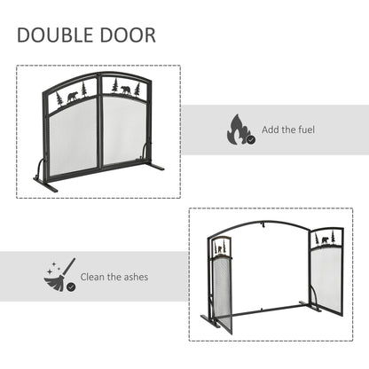 HOMCOM ire Guard with Double Doors, Metal Mesh Fireplace Screen, Spark Flame Barrier with Tree Decoration for Living Room, Bedroom Decor