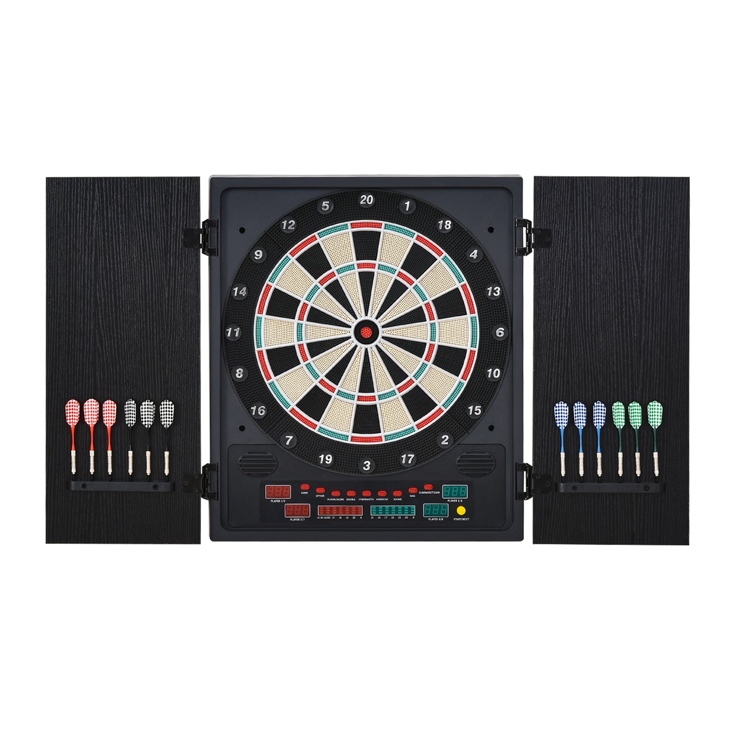 HOMCOM lectronic Dartboard Set, 27 Games Modes and 202 Variations, LED & 12 Soft Tip Darts and Cabinet to Storage, Ready-to-Play Multi-Game Option Darts Machine