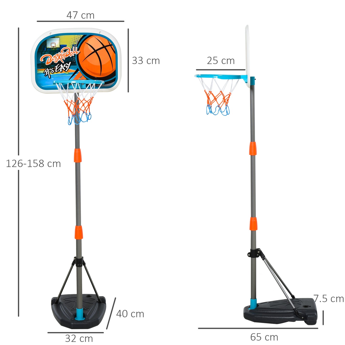 HOMCOM ids Basketball Hoop and Stand Portable Basketball Stand Set w/ Ball Pump Netting Backboard Adjustable Height from 126 cm to 158 cm