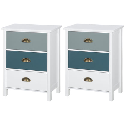 HOMCOM edside Table Set of 2 Chest of 3 Drawers Shabby Chic Nightstands with Metal Handle Sofa Side Table for Living Room, Bedroom,Grey and blue