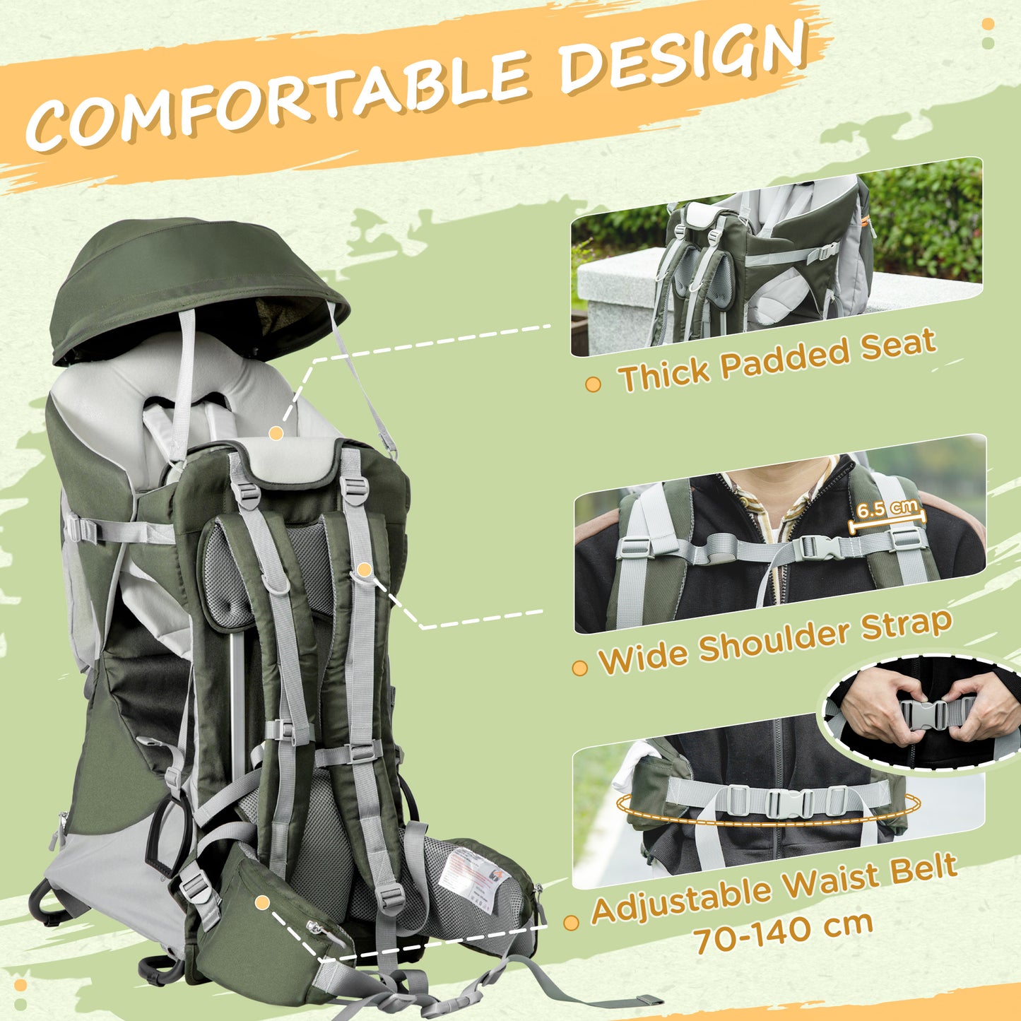 HOMCOM oddler Hiking Backpack Carrier w/ Removable Small Bag, Outdoor Child Carrier w/ Stand, Canopy, Adjustable Waist Belt, Pockets, Holds up to 18 kg