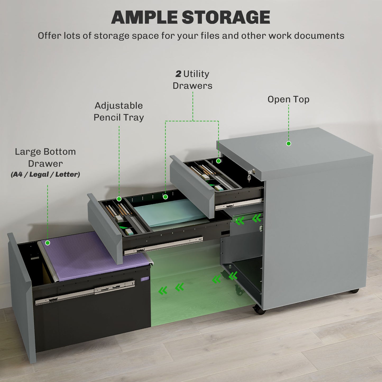 Vinsetto 3 Drawer Filling Cabinet, Mobile Metal File Cabinet with Anti-tilt Design for Letter, A4, Legal Size, Grey