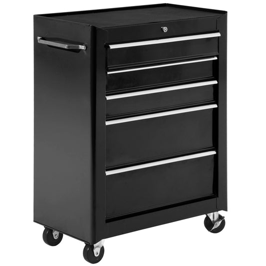 HOMCOM -Drawer Tool Chest, Lockable Steel Tool Storage Cabinet with Wheels and Handle Tool Box for Garage, Workshop, Black