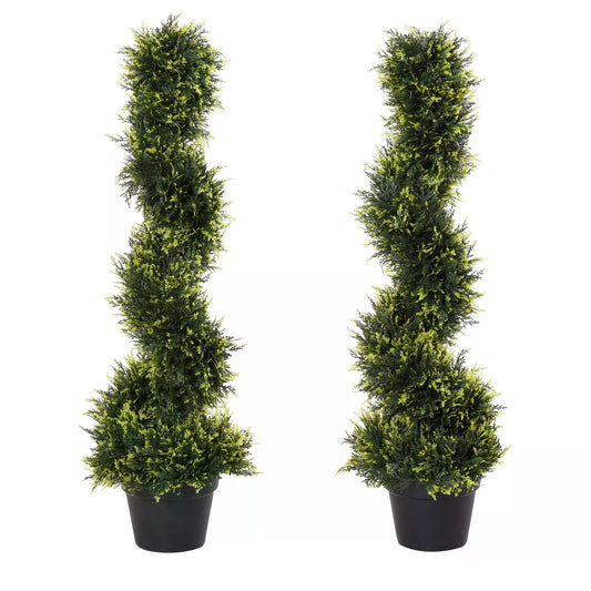 Outsunny Set Of 2 90cm/3FT Artificial Spiral Topiary Trees w/ Pot Fake Indoor Outdoor Greenery Plant Home Office Garden Décor Green