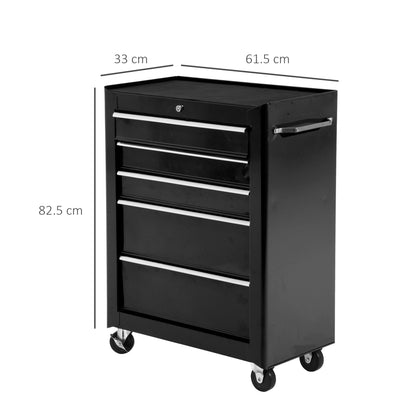 HOMCOM -Drawer Tool Chest, Lockable Steel Tool Storage Cabinet with Wheels and Handle Tool Box for Garage, Workshop, Black