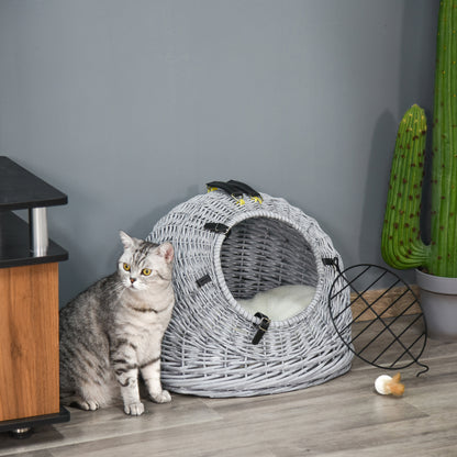 PawHut Wicker Pet Carrier Basket Cat Kitten Bed Portable Travel Cage w/ Soft Cushion Handle Grey 50 x 40 x 40 cm