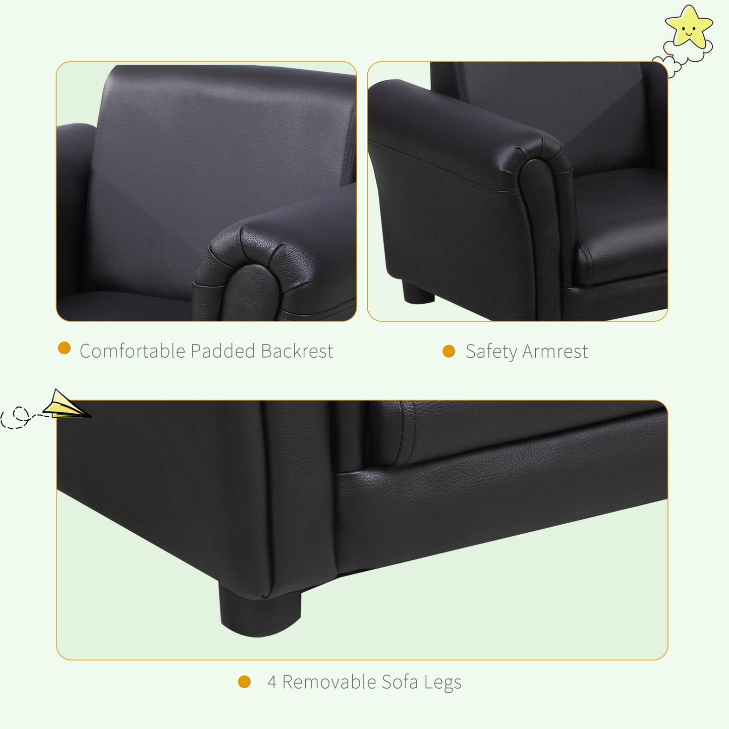 HOMCOM oddler Chair Single Seater Kids Sofa Set, 54 x 42 x 41cm, Kids Sofa with Stool, Black