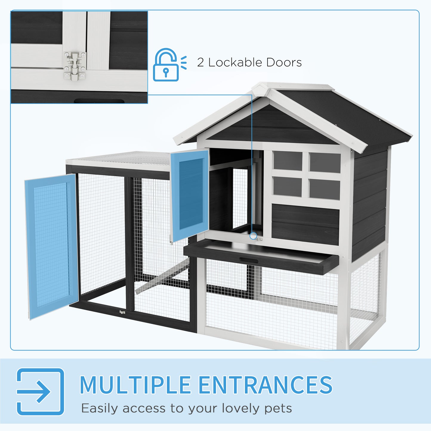 PawHut Rabbit Hutch Outdoor Wooden Guinea Pig Hutch Rabbit Run Bunny Cage Small Animal House Pull-Out Tray, Grey, 122 x 62.6 x 92 cm