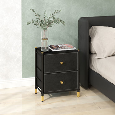 HOMCOM edside Table, PU Leather Side Table with 2 Drawers, Bedside Cabinet with Steel Legs for Bedroom, Living Room, Black