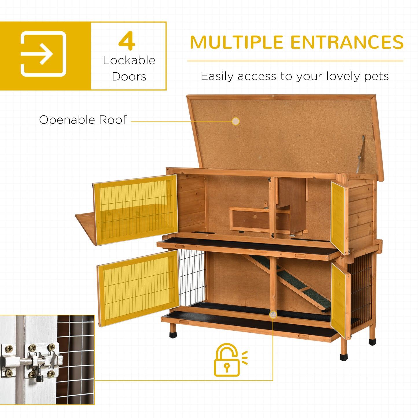 PawHut 2-Tier Double Decker Rabbit Hutch Wooden Guinea Pig House Pet Cage Outdoor with Sliding-out Tray, Asphalt Roof, Ramp, Feeding Shelf, Handle, 120x50x104cm, Orange