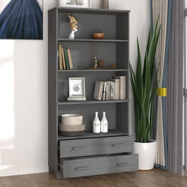 Honey Brown Pinewood Bookcase with 3 Shelves and 2 Drawers for Living Room Storage